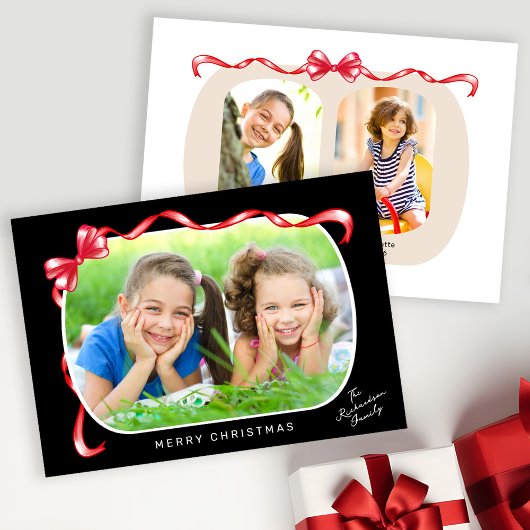 Whimsical Red Bow Ribbon 3 Foto's Kerstmis Feestdagenkaart