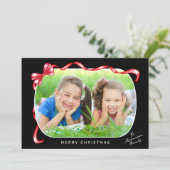 Whimsical Red Bow Ribbon 3 Foto's Kerstmis Feestdagenkaart (Staand voorkant)