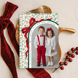 Whimsical Red Bow Ribbon Christmas Holiday Photo Feestdagenkaart