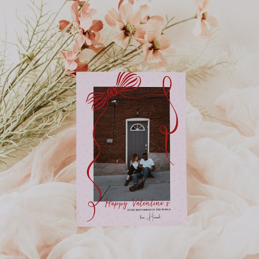Whimsical Red Bow Valentine’s Photo Card Kaart
