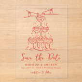 Whimsical Red Champagne Tower Bewaar de datum Acryl Uitnodigingen (Voorkant)