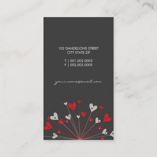 Whimsical Red Dandelions Love Hearts Moderne Chic Visitekaartje (Achterkant)