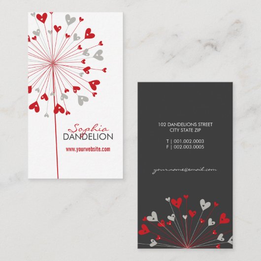 Whimsical Red Dandelions Love Hearts Moderne Chic Visitekaartje (Voorkant / Achterkant)