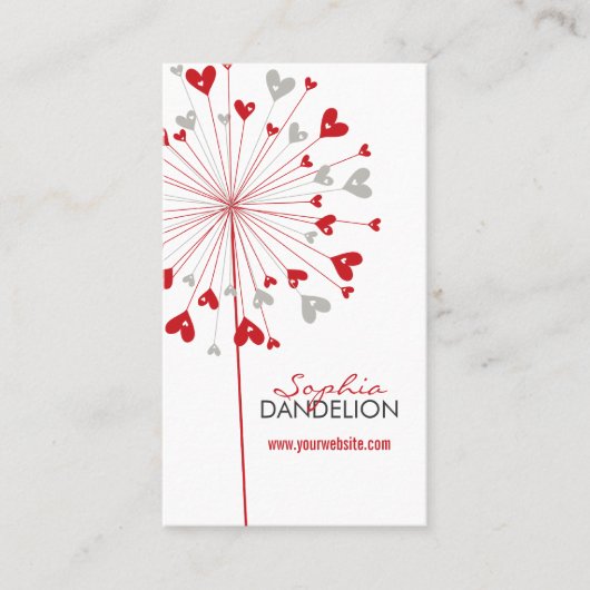 Whimsical Red Dandelions Love Hearts Moderne Chic Visitekaartje (Voorkant)