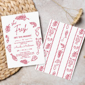 Whimsical Red Drawn Farmer Market Vrijgezellenfees Kaart