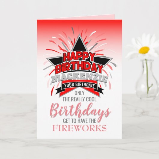 Whimsical Red en Grey Fireworks Happy Birthday Kaart (Kleine Plant)