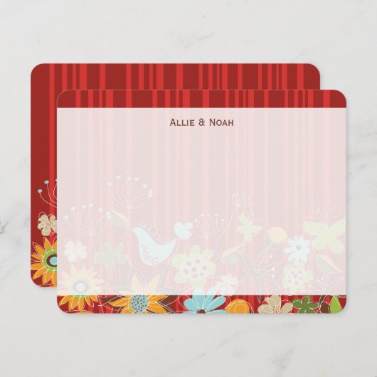 Whimsical Red Floral Garden and Bird Fun Wedding Bedankkaart (Voorkant / Achterkant)