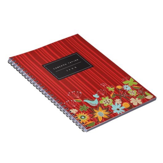 Whimsical Red Floral Garden & Bird Custom Notebook Notitieboek (Rechterzijde)