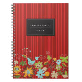Whimsical Red Floral Garden & Bird Custom Notebook Notitieboek (Voorkant)