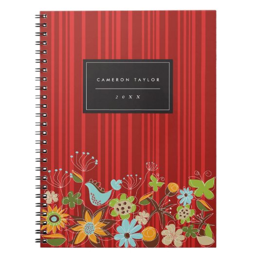 Whimsical Red Floral Garden & Bird Custom Notebook Notitieboek (Voorkant)