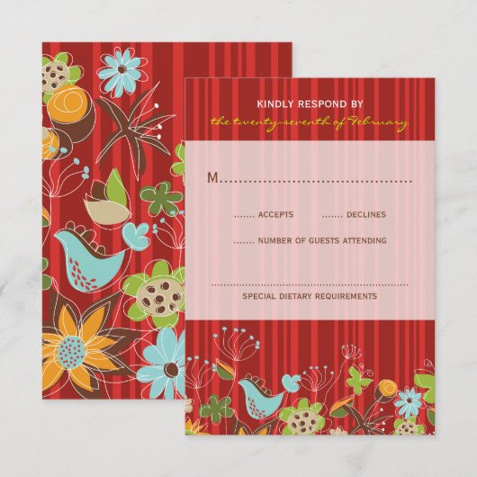Whimsical Red Floral Garden Wedding RSVP-kaart RSVP Kaartje (Voorkant / Achterkant)