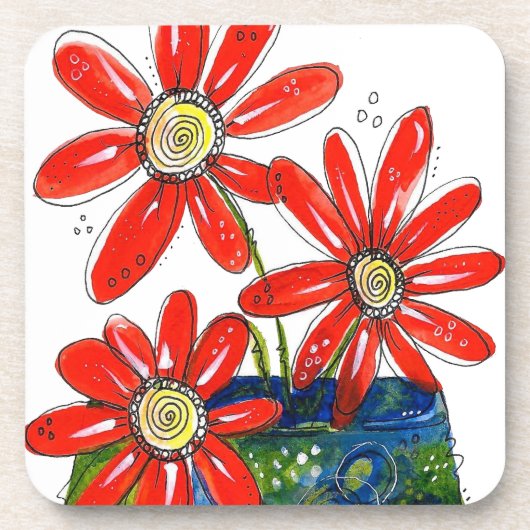 Whimsical Red Flowers Bier Onderzetter (Voorkant)