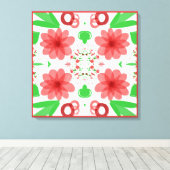 Whimsical Red Flowers Green Leaves On White Art Canvas Afdruk (Insitu (Houten vloer))