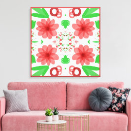 Whimsical Red Flowers Green Leaves On White Art Canvas Afdruk