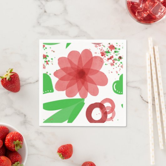 Whimsical Red Flowers Green Leaves On White Art Servet (Insitu)