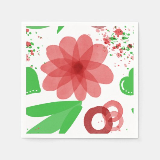 Whimsical Red Flowers Green Leaves On White Art Servet (Voorkant)