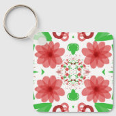 Whimsical Red Flowers Green Leaves On White Art Sleutelhanger (Voorkant)