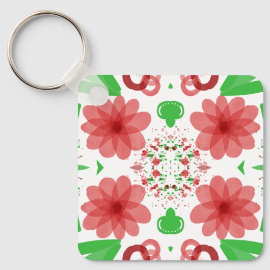 Whimsical Red Flowers Green Leaves On White Art Sleutelhanger (Voorkant)