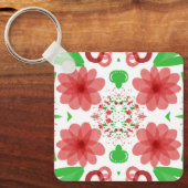 Whimsical Red Flowers Green Leaves On White Art Sleutelhanger (Voorkant)