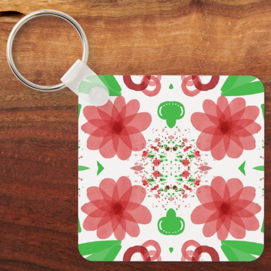 Whimsical Red Flowers Green Leaves On White Art Sleutelhanger (Voorkant)
