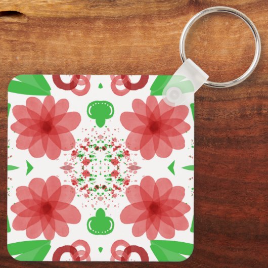 Whimsical Red Flowers Green Leaves On White Art Sleutelhanger (Achterkant)