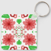Whimsical Red Flowers Green Leaves On White Art Sleutelhanger (Achterkant)