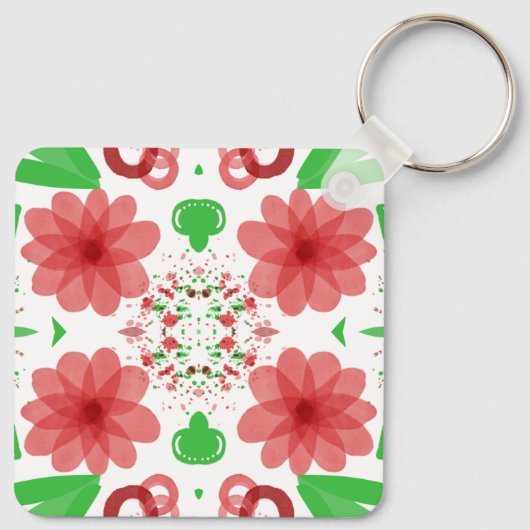 Whimsical Red Flowers Green Leaves On White Art Sleutelhanger (Achterkant)