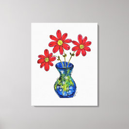 Whimsical Red Flowers in Blue Vase Canvas Afdruk