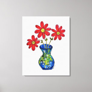 Whimsical Red Flowers in Blue Vase Canvas Afdruk