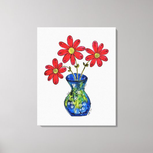 Whimsical Red Flowers in Blue Vase Canvas Afdruk (Voorkant)