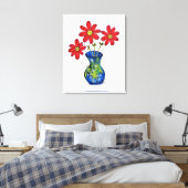 Whimsical Red Flowers in Blue Vase Canvas Afdruk (Insitu (Slaapkamer))