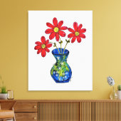 Whimsical Red Flowers in Blue Vase Canvas Afdruk (Insitu (Woonkamer))