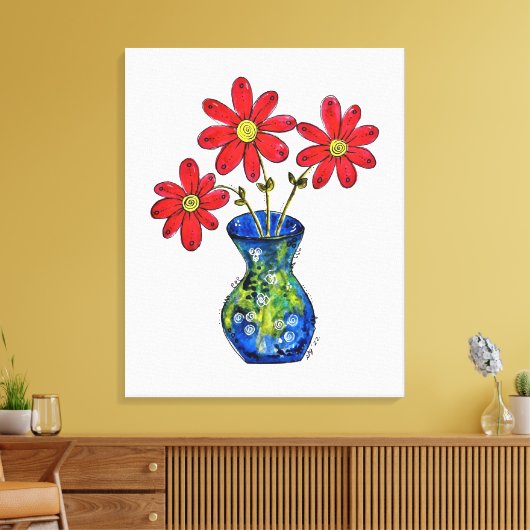 Whimsical Red Flowers in Blue Vase Canvas Afdruk (Insitu (Woonkamer))