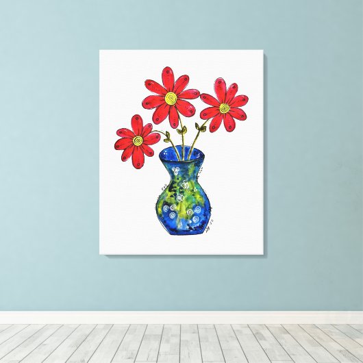 Whimsical Red Flowers in Blue Vase Canvas Afdruk (Insitu (Houten vloer))