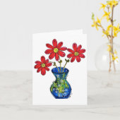 Whimsical Red Flowers in Blue Vase Kaart (Gele Bloem)