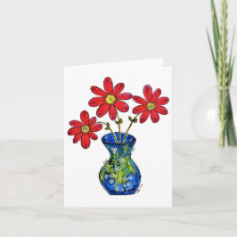 Whimsical Red Flowers in Blue Vase Kaart