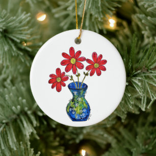 Whimsical Red Flowers in Blue Vase Keramisch Ornament
