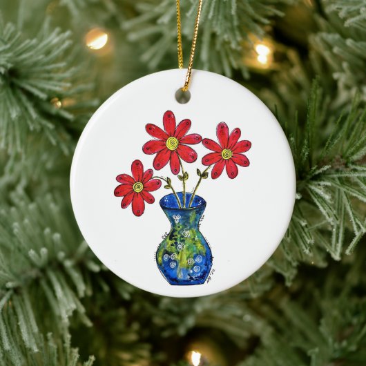 Whimsical Red Flowers in Blue Vase Keramisch Ornament (Boom)