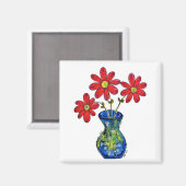 Whimsical Red Flowers in Blue Vase Magneet (Voorkant / Achterkant)