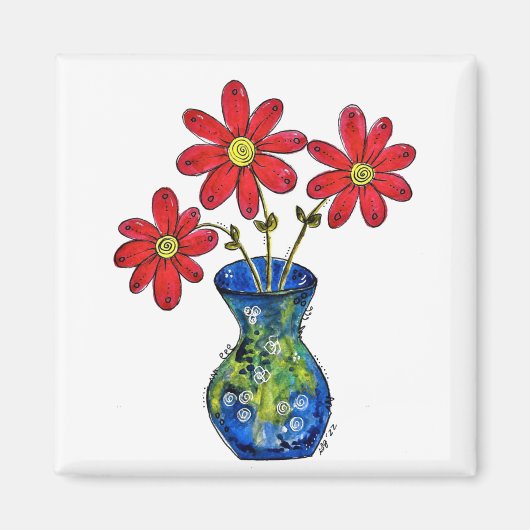 Whimsical Red Flowers in Blue Vase Magneet (Voorkant)
