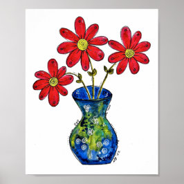 Whimsical Red Flowers in Blue Vase Poster