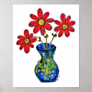 Whimsical Red Flowers in Blue Vase Poster