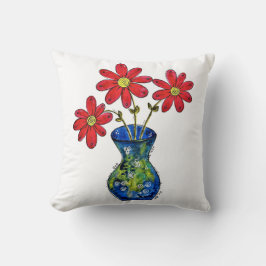 Whimsical Red Flowers in Blue Vase Sierkussen