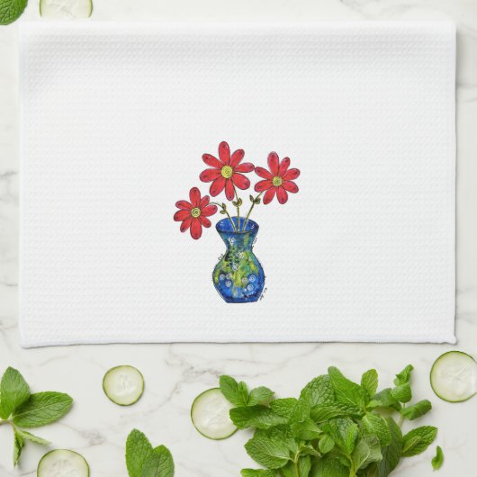 Whimsical Red Flowers in Blue Vase Theedoek (Gevouwen)