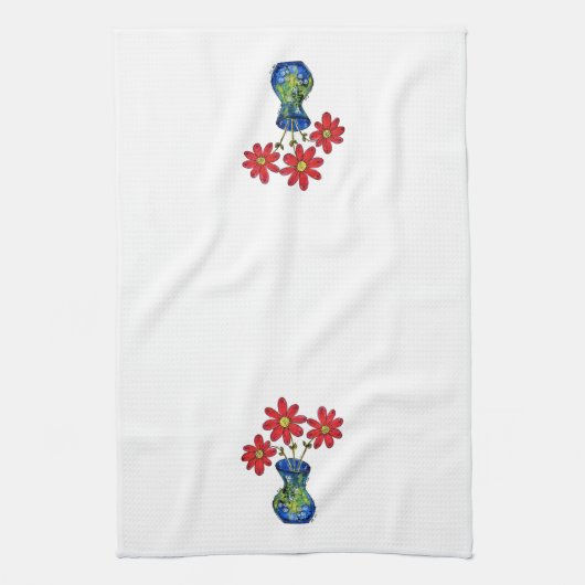 Whimsical Red Flowers in Blue Vase Theedoek (Verticaal)