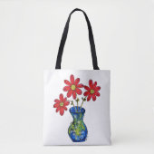Whimsical Red Flowers in Blue Vase Tote Bag (Voorkant)
