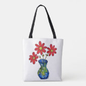 Whimsical Red Flowers in Blue Vase Tote Bag (Achterkant)