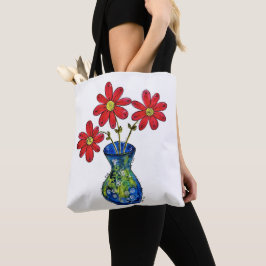 Whimsical Red Flowers in Blue Vase Tote Bag