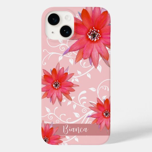 Whimsical Red Flowers Swirly Leaves Add Name Roze Case-Mate iPhone Case (Achterkant)
