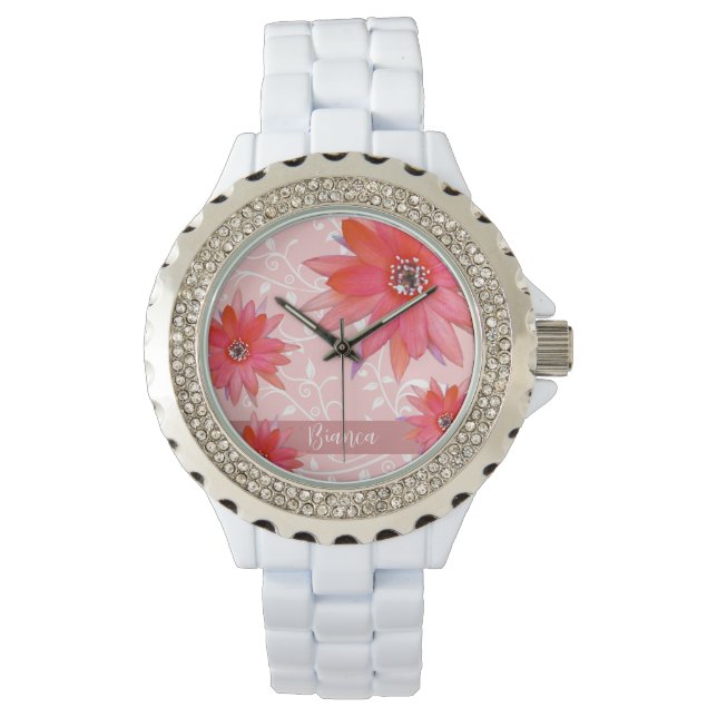 Whimsical Red Flowers Swirly Leaves Add Name Roze Horloge (Voorkant)